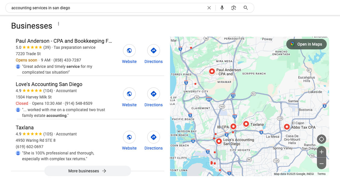 Screenshot of a Google search for "accounting services in san diego" showing business listings, ratings, contact info, and a map with marked locations.