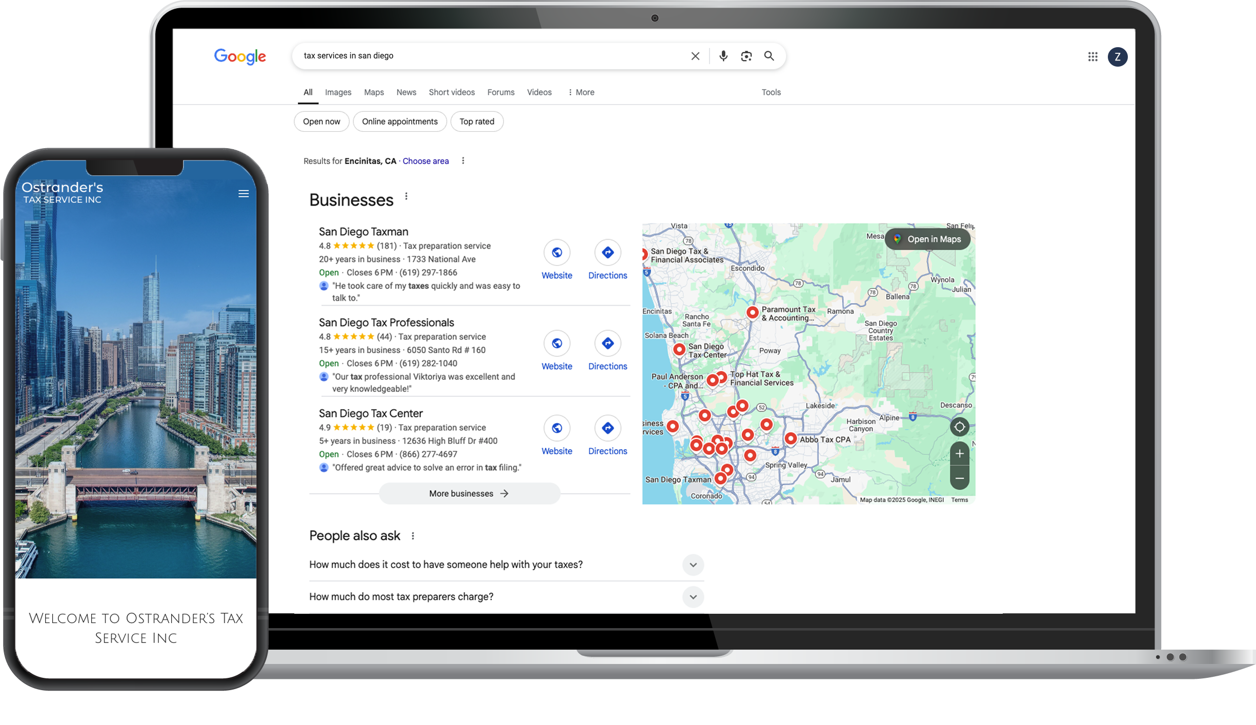 A smartphone displays a welcome screen for Ostranders Tax Service, Inc.; behind it, a laptop shows Google search results for tax services in San Diego, including a map.